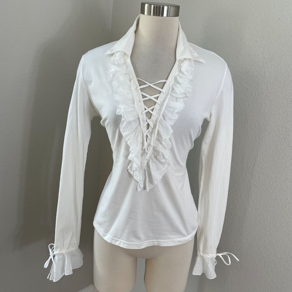 Anne Fontaine Womens 42 Anndreanne White‎ Ruffled Lace Up Blouse Long Sleeve Top